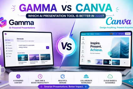 Gamma vs Canva comparison showing AI presentation features, templates, design tools, content generation, collaboration, and productivity in 2026.