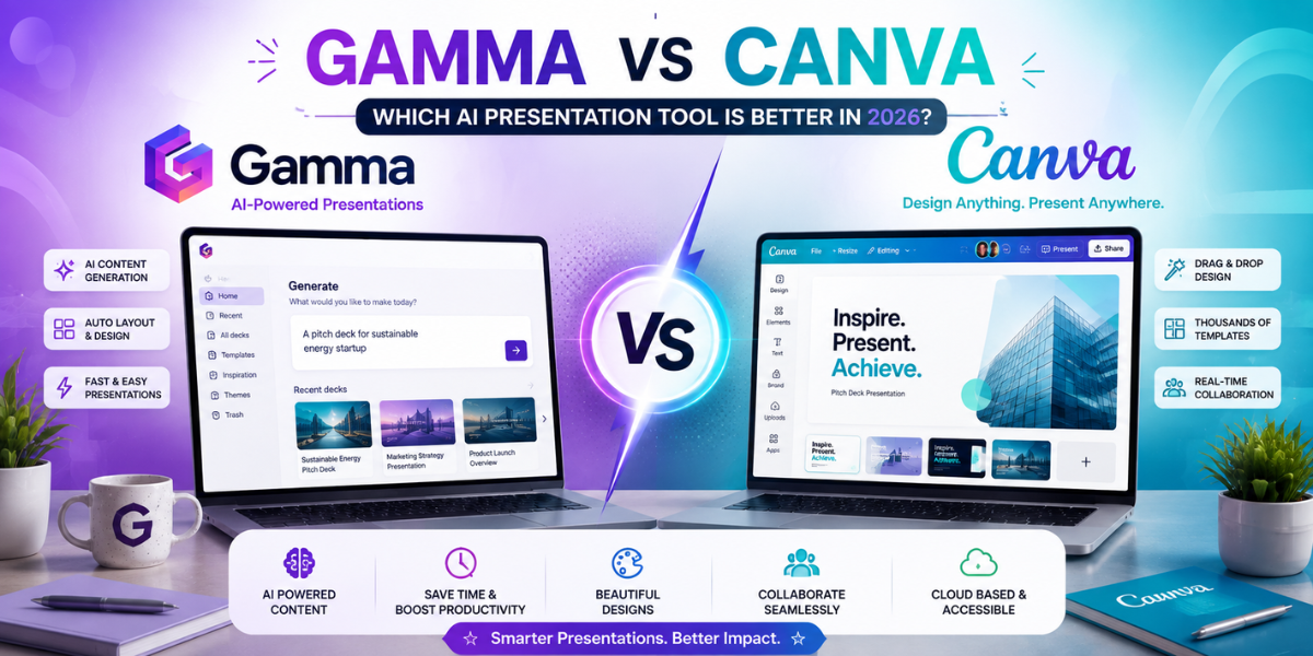 Gamma vs Canva comparison showing AI presentation features, templates, design tools, content generation, collaboration, and productivity in 2026.